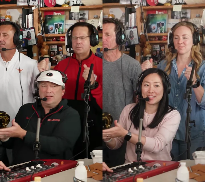 Before and after: the original band frame and the same frame with five performers replaced